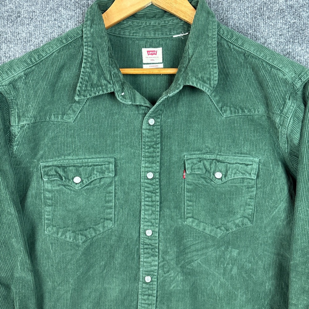 Vintage Levi's Barstow Corduroy Pearl Snap Button Down Shirt XXL Green Western